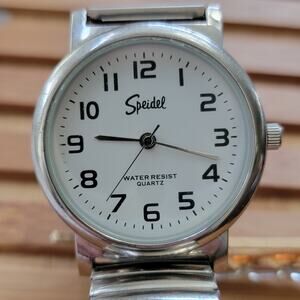 Elegant Vintage Watch Speidel Quartz White Dial Silver Case Expansion Band 34mm